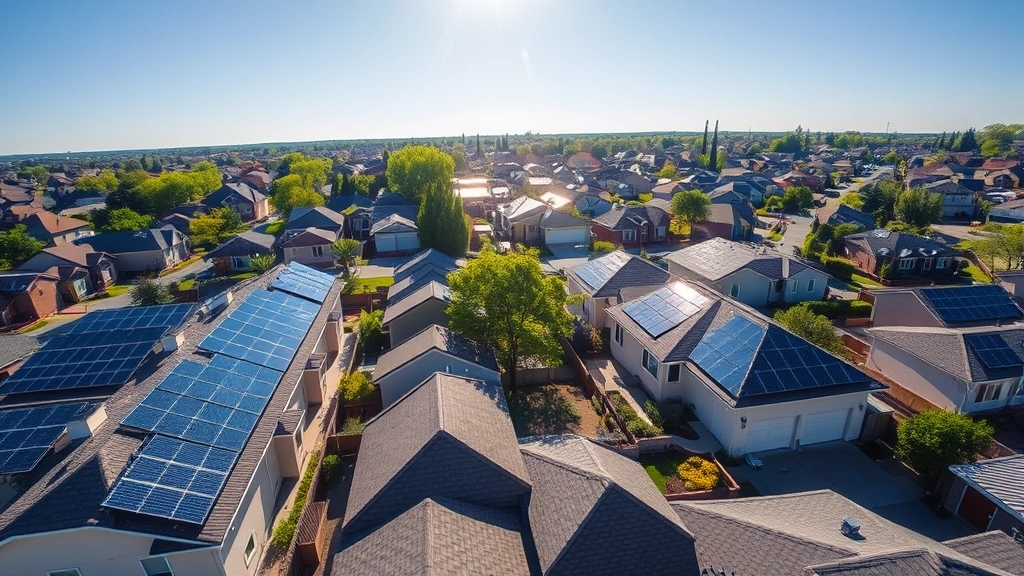 Aerial view of sprawling residential solar panel installation on multiple rooftops in suburban neighborhood, bright sunlight reflecting off panels, clear blue sky, green trees visible between houses