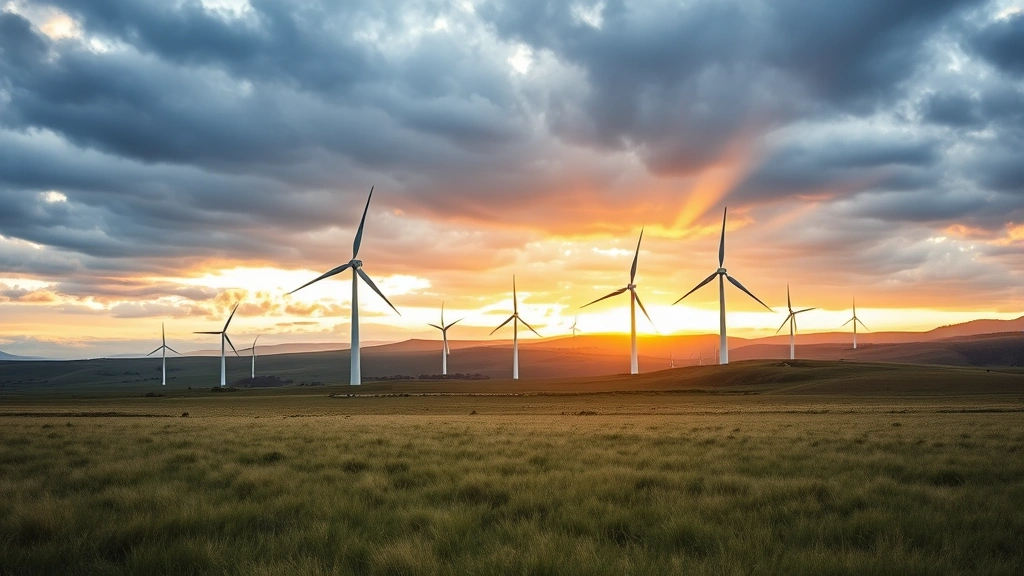 Modern wind turbines standing in vast open grassland during golden hour, multiple turbines visible across rolling terrain, dramatic cloudy sky, natural landscape with no people or infrastructure