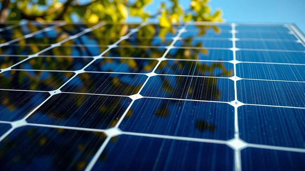 Close-up detail of solar panel surface showing individual cells and grid pattern, with tree leaves and blue sky reflecting on glossy surface, photorealistic texture and lighting