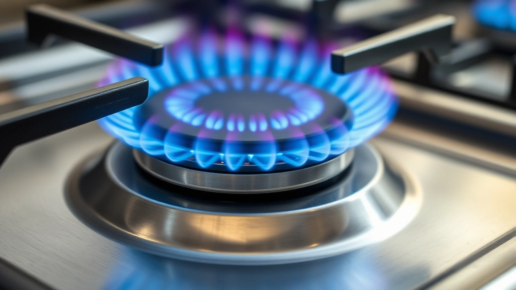 Close-up of blue flame burner on compact gas stove showing proper combustion, clean metal grates, stainless steel surface reflecting light, professional kitchen environment, natural lighting highlighting flame color and quality