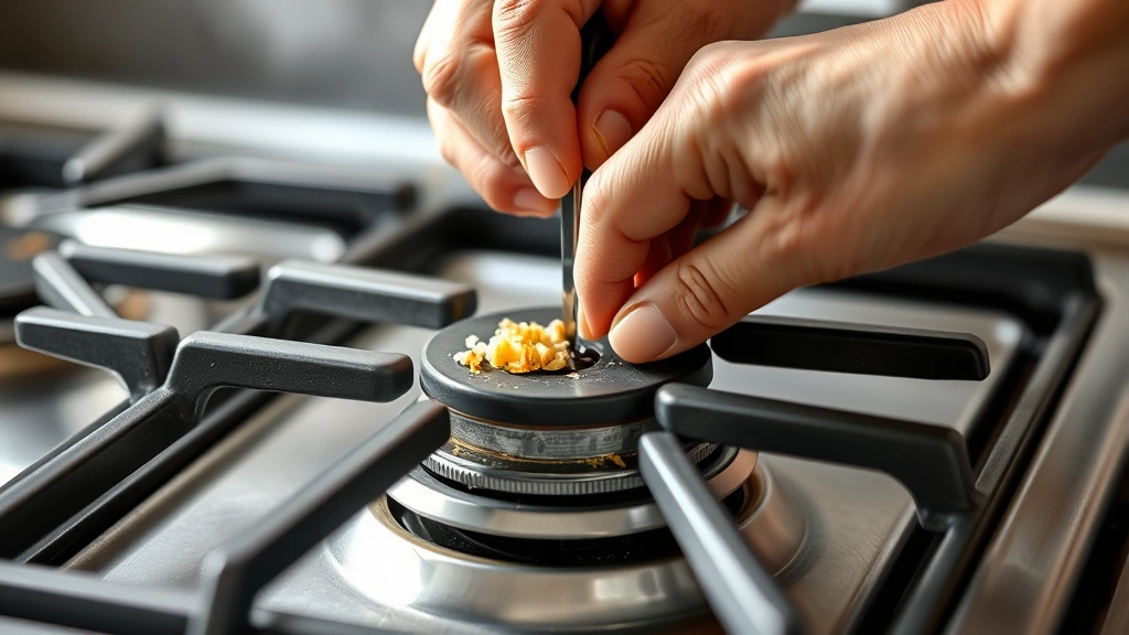 Hands cleaning gas stove burner ports with thin wire tool, close-up of burner head, food debris removal, maintenance in progress, natural kitchen lighting, demonstrating proper stove care and cleaning technique