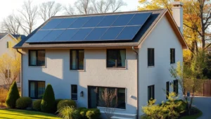 Modern residential home with solar panels on roof, insulated walls visible, morning sunlight, South Jersey suburban setting, sustainable architecture, no text or labels