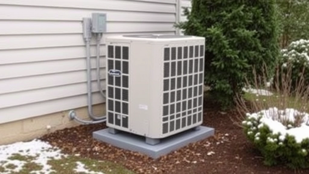 Heat pump outdoor unit installed beside residential home foundation, evergreen landscape background, winter conditions, modern HVAC equipment, clean installation, no identifying text or logos