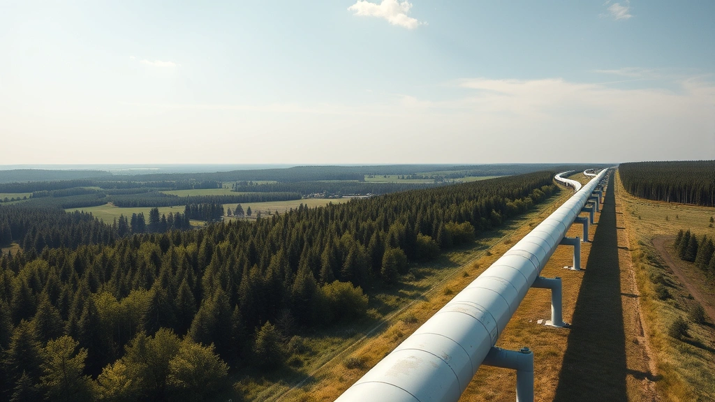 Aerial view of natural gas distribution pipeline infrastructure running through green rural landscape with forests and grassland visible from above, sustainable energy transition concept, photorealistic