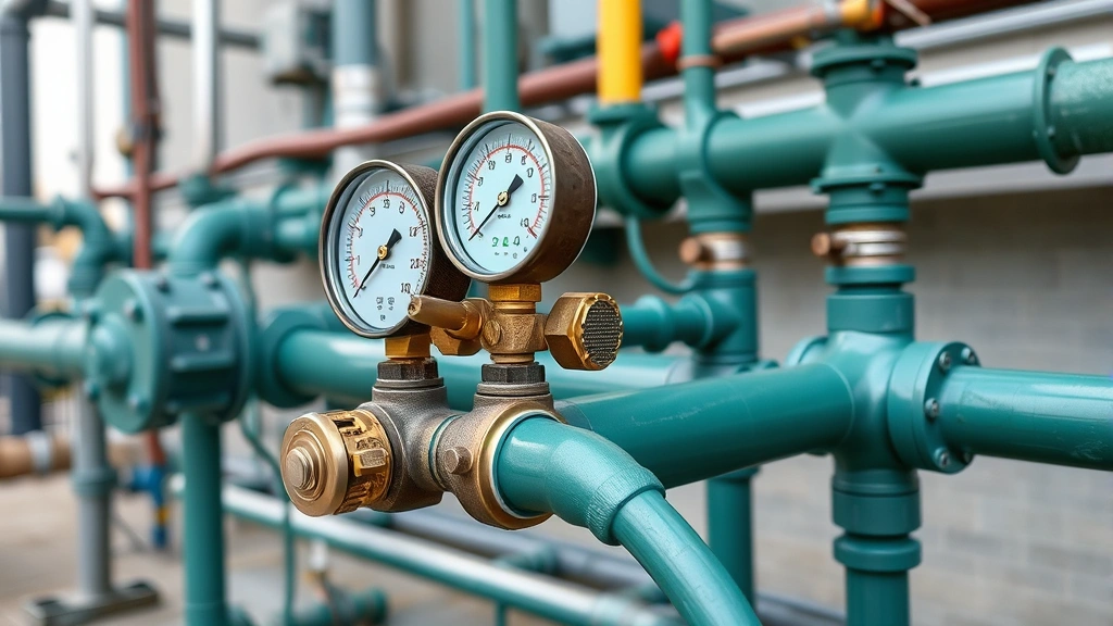 Close-up of biogas pipeline equipment with pressure gauges and valves integrated into natural gas distribution system, demonstrating renewable gas infrastructure compatibility in industrial setting