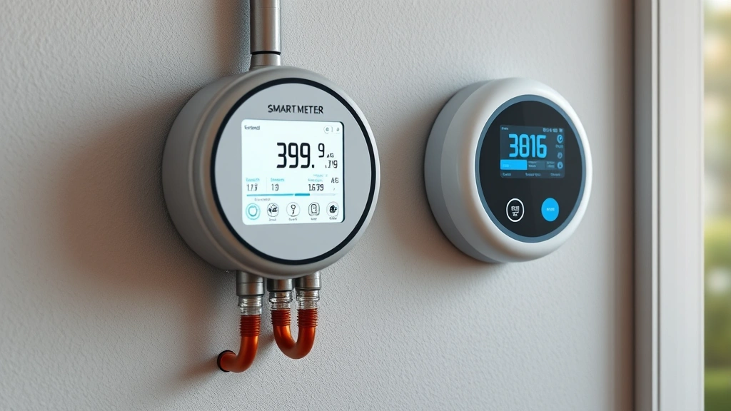 Modern smart meter and digital energy monitoring system display on residential wall showing real-time gas consumption data, energy efficiency technology, clean professional setting