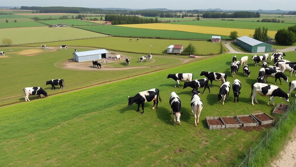 Panoramic view of dairy farm with cattle grazing in pasture, manure collection systems visible, showing agricultural feedstock sources for renewable gas production in sustainable farming operation