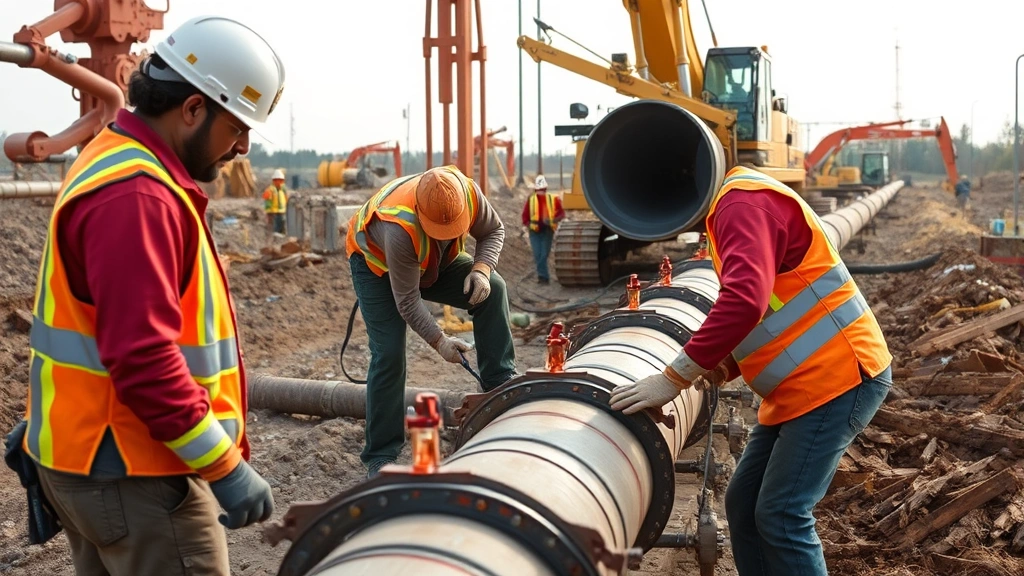 Workers installing new pipeline infrastructure with modern equipment and safety gear, emphasizing infrastructure modernization and methane reduction efforts in natural gas systems