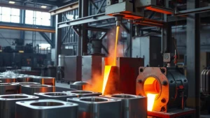 Industrial stainless steel manufacturing facility with molten metal being poured into molds, showcasing the energy-intensive production process with bright orange glowing metal and industrial equipment in background