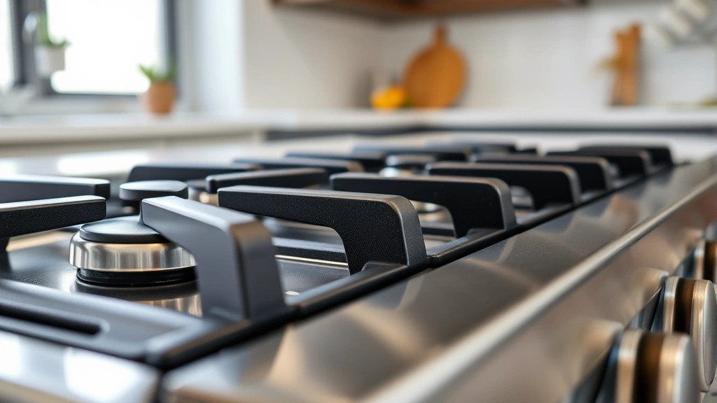 Close-up of a modern stainless steel gas range cooktop with burners, showing the reflective surface and durable construction in a contemporary kitchen setting with natural lighting