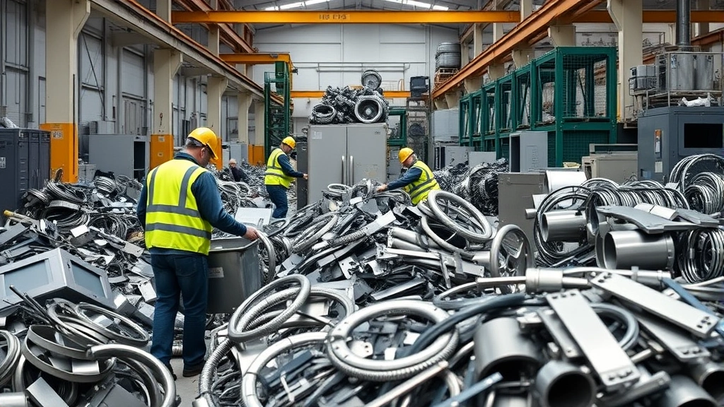 Recycling facility workers sorting and processing stainless steel materials and appliance components, demonstrating the circular economy and material recovery process with organized metal piles