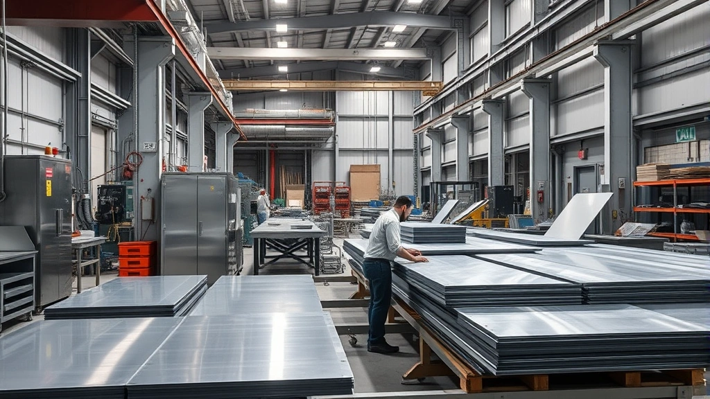Industrial stainless steel manufacturing facility with workers processing metal sheets, showing modern equipment and organized workspace