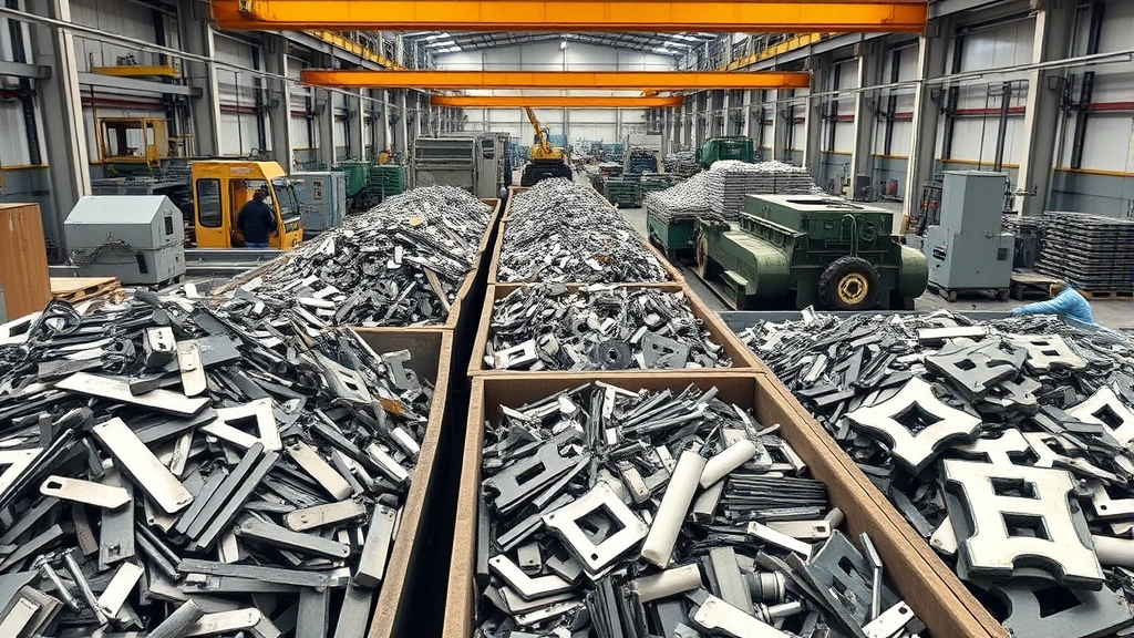 Industrial recycling facility processing metal materials, stainless steel scrap sorted in bins, workers handling materials with machinery, emphasis on circular economy and material recovery