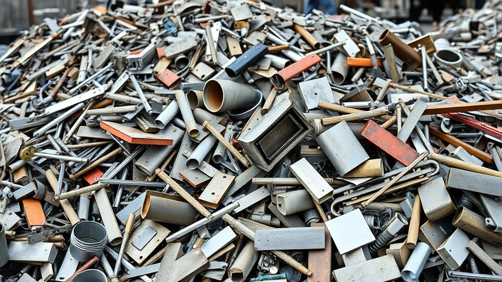 Recycled metal materials being sorted and processed at an environmental recycling facility, stainless steel components visible among other metals