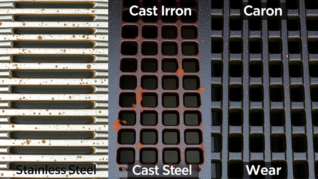 Comparison display of different grill grate materials side by side: stainless steel, cast iron, and carbon steel, showing various stages of corrosion and wear patterns, educational sustainability context