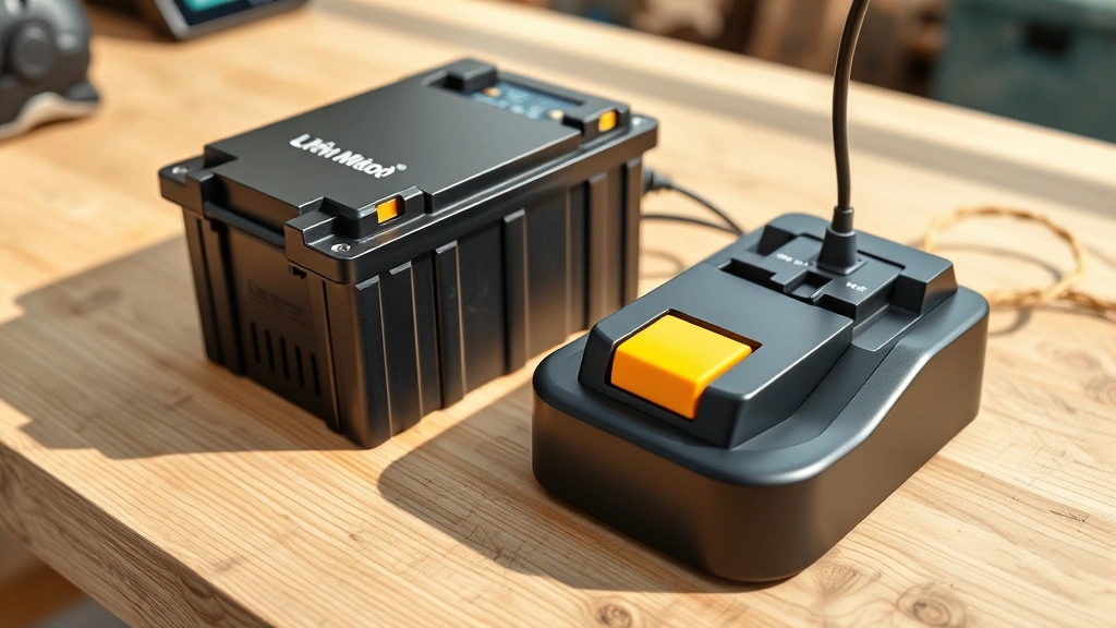 Close-up of lithium-ion battery pack and charging dock for electric garden equipment on wooden workbench with natural daylight, clean modern design without branding
