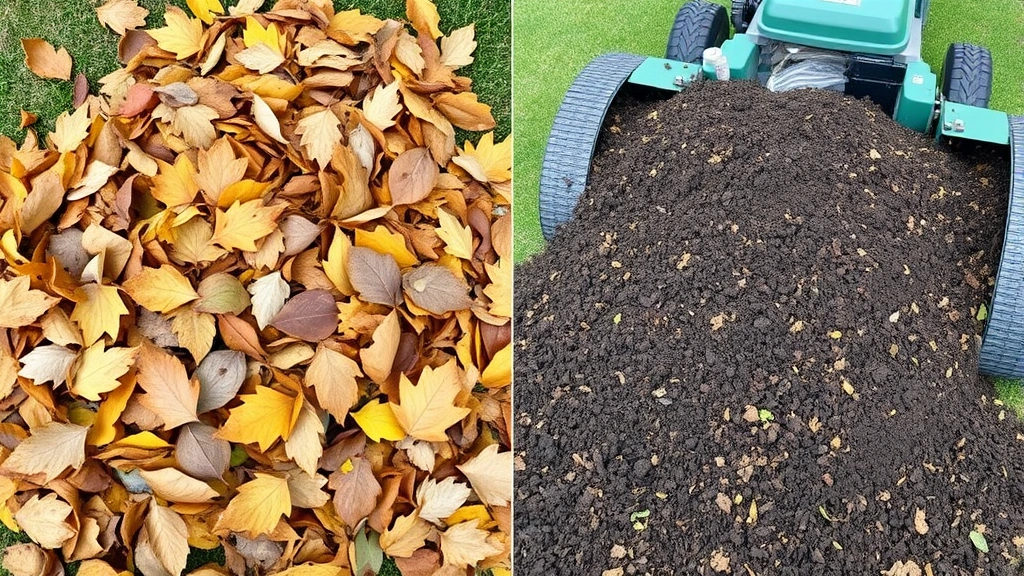Side-by-side comparison showing a pile of collected leaves being processed through a mulching mower, with rich dark soil and decomposing organic matter visible, demonstrating sustainable leaf management