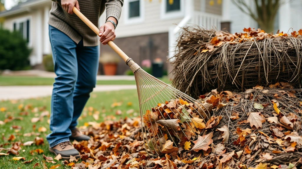 A person raking leaves manually on a residential property with a traditional rake, collecting leaves into a compost pile, showing sustainable human-powered yard work alternative