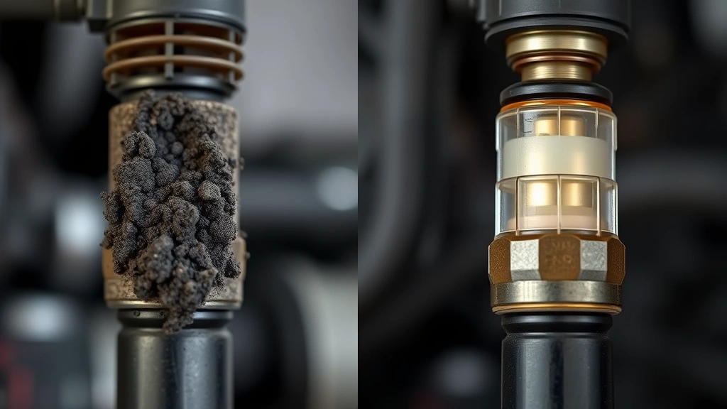 Comparison split-screen showing a dirty carbon-clogged fuel injector on left side with black deposits and buildup versus a clean fuel injector on right side, scientific demonstration with bright lighting highlighting the contrast