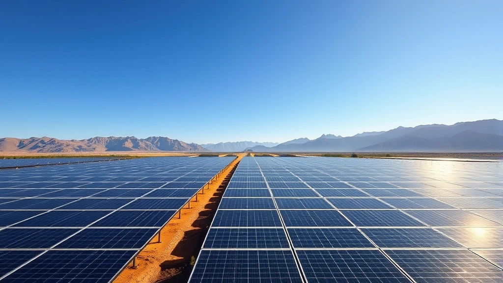 Expansive solar panel farm under clear blue sky with mountains in background, photorealistic landscape showing hundreds of gleaming panels at golden hour light