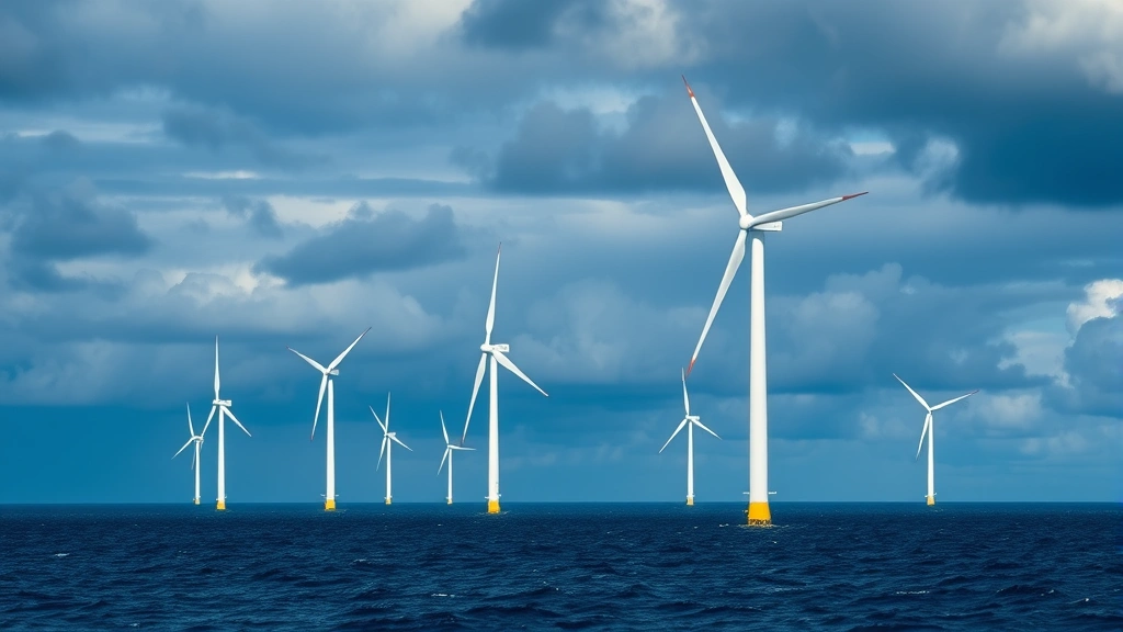 Modern offshore wind turbines spinning in ocean with dramatic cloudy sky, white turbines against blue water and clouds, coastal landscape photography