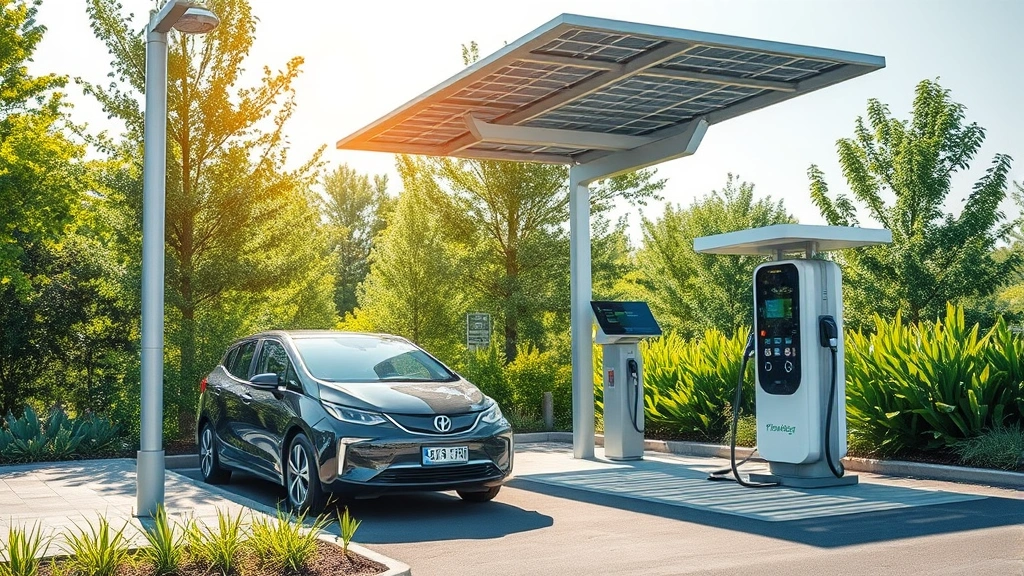 Electric vehicle charging at solar-powered charging station surrounded by green landscape, modern station design with solar canopy overhead, bright daylight
