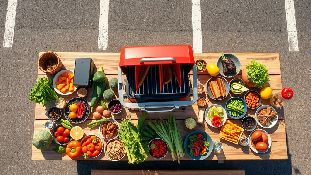 Overhead view of colorful tailgate party setup with portable electric grill surrounded by fresh vegetables, fruits, and sustainable serving items on natural wood tables in sunny stadium parking lot