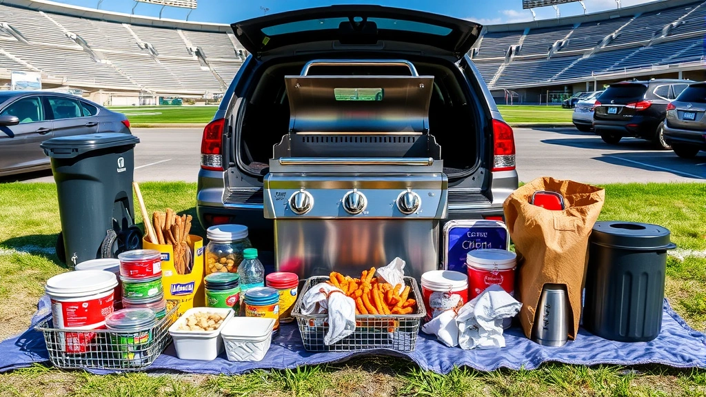 A stainless steel portable gas grill setup on a tailgate at a stadium parking lot surrounded by reusable containers, cloth napkins, and recycling bins, with green grass and blue sky visible