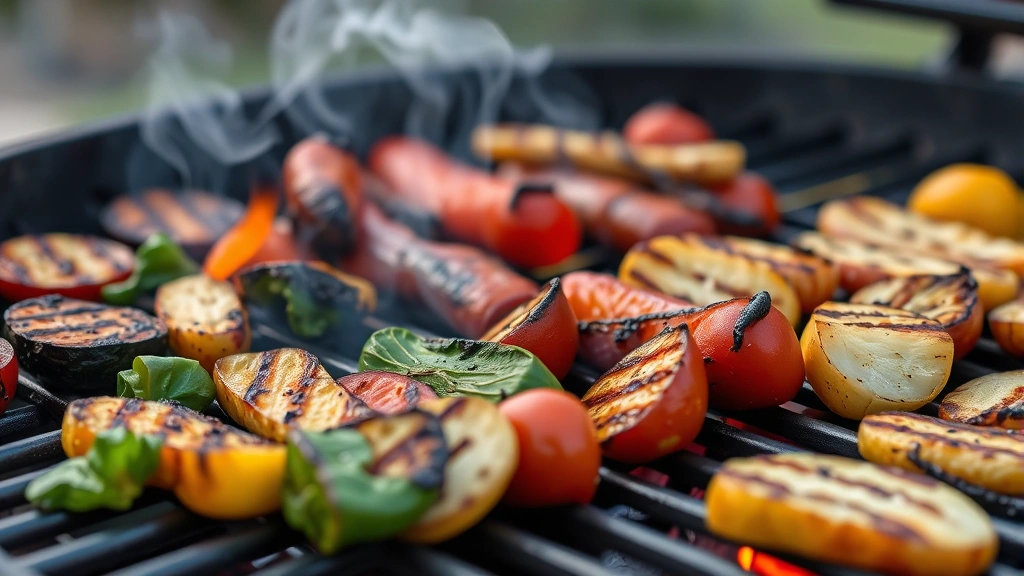 Close-up of colorful grilled vegetables and plant-based proteins on a grill grate with flame visible, steam rising, showcasing sustainable tailgate food options