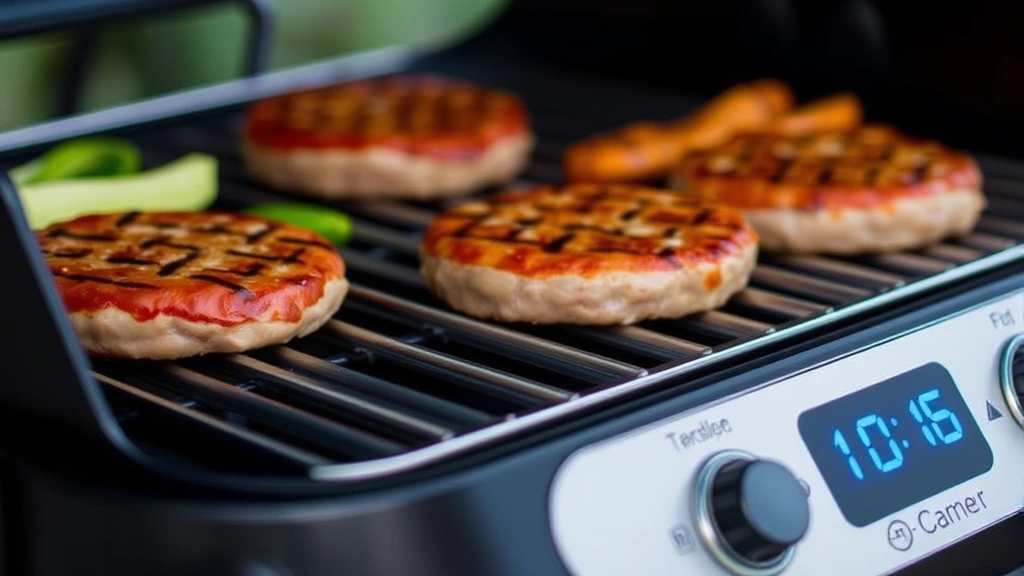 Close-up of battery-powered portable electric grill with LED display and temperature controls, showing blue indicator lights and stainless steel cooking grates with fresh burgers and vegetables cooking
