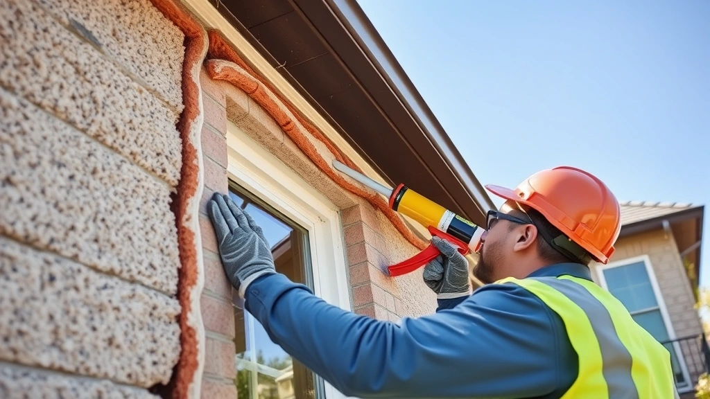 Professional weatherization worker installing foam insulation around window frame from exterior, showing proper air sealing technique with caulk gun, suburban Texas home with clear blue sky