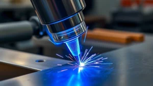 Close-up of TIG welding torch with blue argon gas flame creating a precise weld on stainless steel metal, showing the protective gas shield around the tungsten electrode and molten puddle, professional workshop setting with natural lighting highlighting the welding process details.