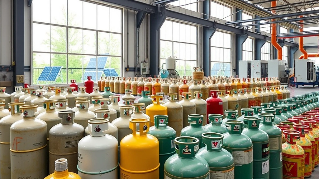 Industrial gas cylinders arranged in a modern manufacturing facility with green renewable energy solar panels visible through windows, showing sustainable industrial operations and eco-conscious gas storage practices, clean organized workspace with proper safety equipment and ventilation systems.