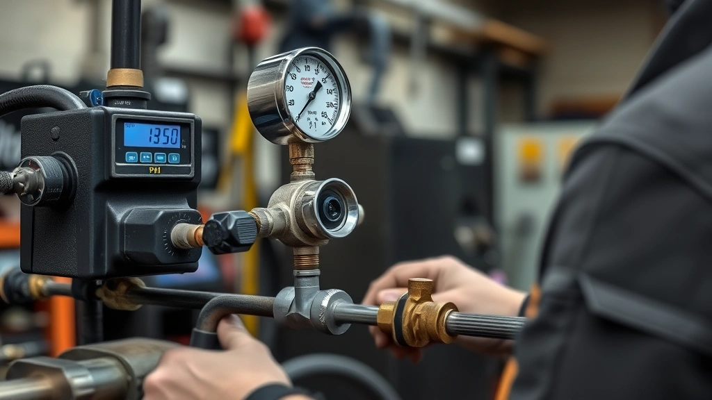 Technician performing flow rate measurement on welding equipment using digital gauge and regulator controls, demonstrating gas efficiency optimization and proper maintenance practices in a professional welding shop, with focus on precision measurement tools and best practice procedures.
