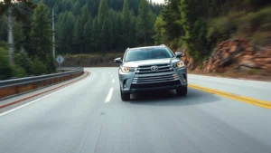 Wide-angle photo of a silver Toyota Highlander SUV driving smoothly on a scenic highway during daytime with green forests on both sides, capturing motion and fuel efficiency in action.