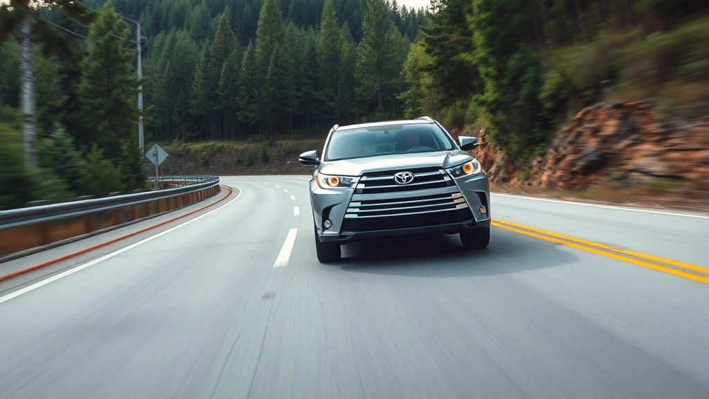 Wide-angle photo of a silver Toyota Highlander SUV driving smoothly on a scenic highway during daytime with green forests on both sides, capturing motion and fuel efficiency in action.