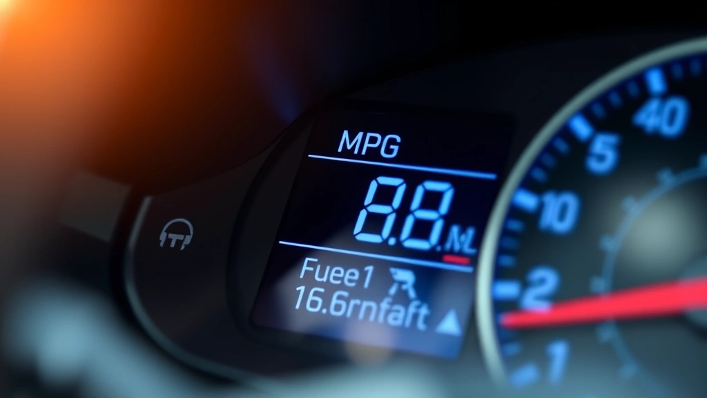 Close-up of a digital fuel economy gauge display showing MPG readout on a vehicle dashboard, with soft natural lighting emphasizing the numbers and eco-driving feedback.
