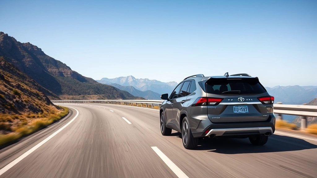 Sustainable transportation concept: Toyota SUV driving on scenic mountain highway with clear blue sky, demonstrating responsible vehicle choice for environmental-conscious drivers