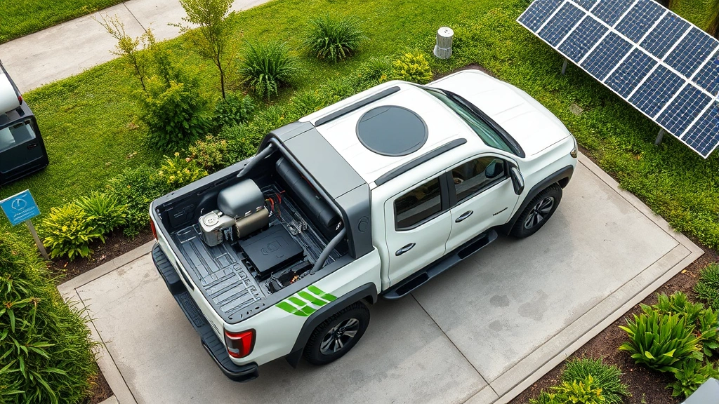 Overhead view of a modern pickup truck with integrated fuel tank system, showing sustainable materials and efficient design, parked in an eco-conscious facility with green landscaping and solar panels visible in background