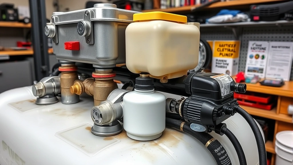 Close-up of an auxiliary fuel tank installation showing metal and plastic components, safety valves, and transfer pump mechanisms with professional workbench environment and environmental compliance documentation