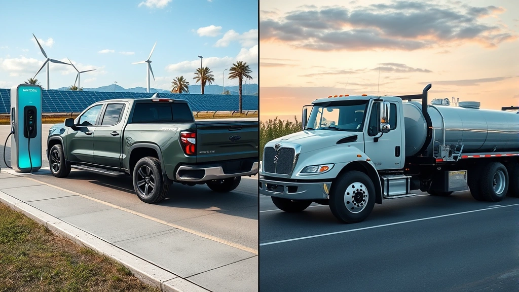 Split-screen comparison showing an electric pickup truck charging at a renewable energy station on one side and a traditional gas truck with auxiliary tank on the other, highlighting sustainability contrast in modern transportation