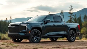 Modern pickup truck with sleek hybrid/electric design parked in natural landscape with trees and mountains, showing aerodynamic body design and eco-conscious styling