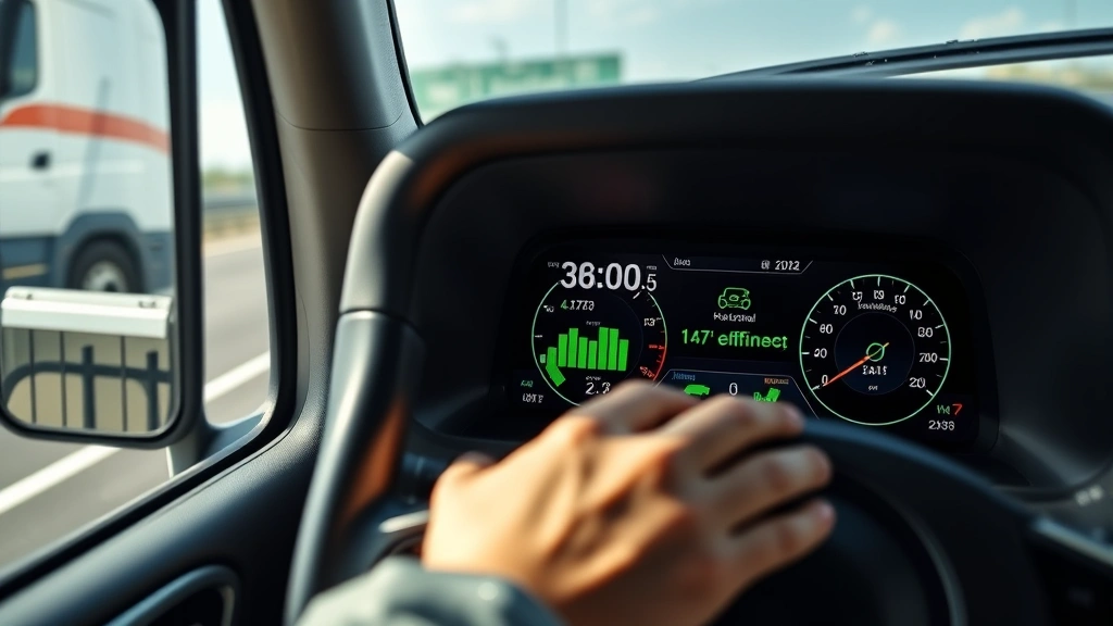Close-up of truck dashboard displaying fuel economy and efficiency metrics on digital screen, with driver's hands on steering wheel during highway driving