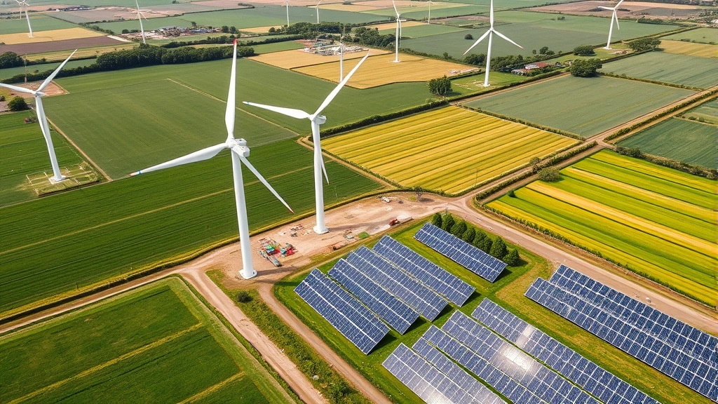 Aerial view of renewable energy landscape with wind turbines and solar panels adjacent to lush green agricultural fields, showcasing sustainable energy infrastructure without text or signage