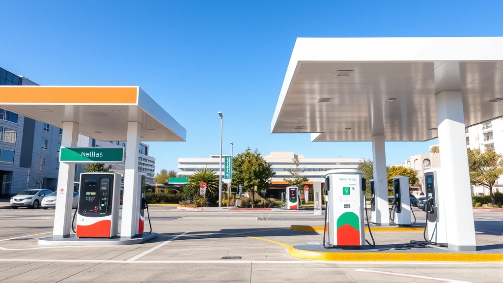 Modern natural gas refueling station with electric charging stations visible in background, contemporary urban setting with clear blue sky, demonstrating fuel diversity infrastructure