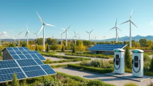Photorealistic image of renewable energy infrastructure including solar panels, wind turbines, and modern electric charging stations in a sustainable community landscape with green vegetation and clean technology integration