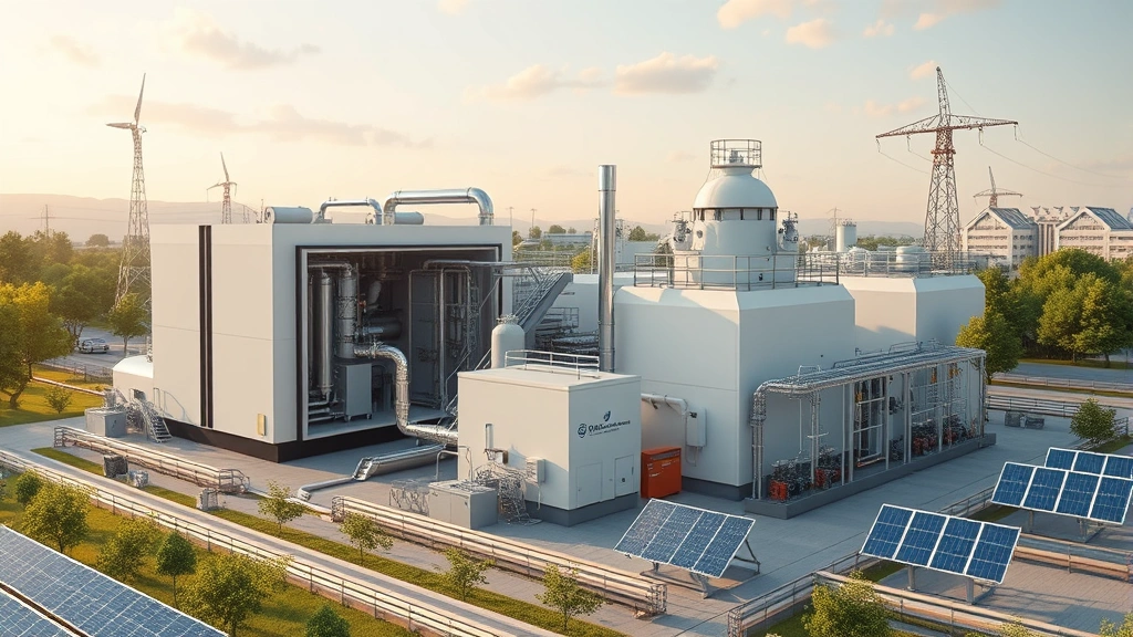 Photorealistic image of hydrogen production facility or fuel cell technology with clean energy equipment, renewable electricity sources like solar arrays, and modern green infrastructure demonstrating advanced sustainable energy generation