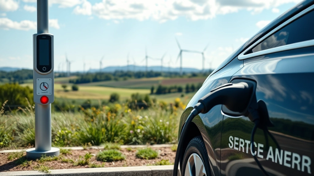 Close-up of renewable energy transition showing electric vehicle charging station with natural landscape and wind turbines on horizon, sustainable technology infrastructure