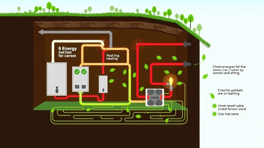 Underground geothermal heat pump system diagram visualization with green energy flow patterns, representing alternative heating solutions without fossil fuels, clean technology concept