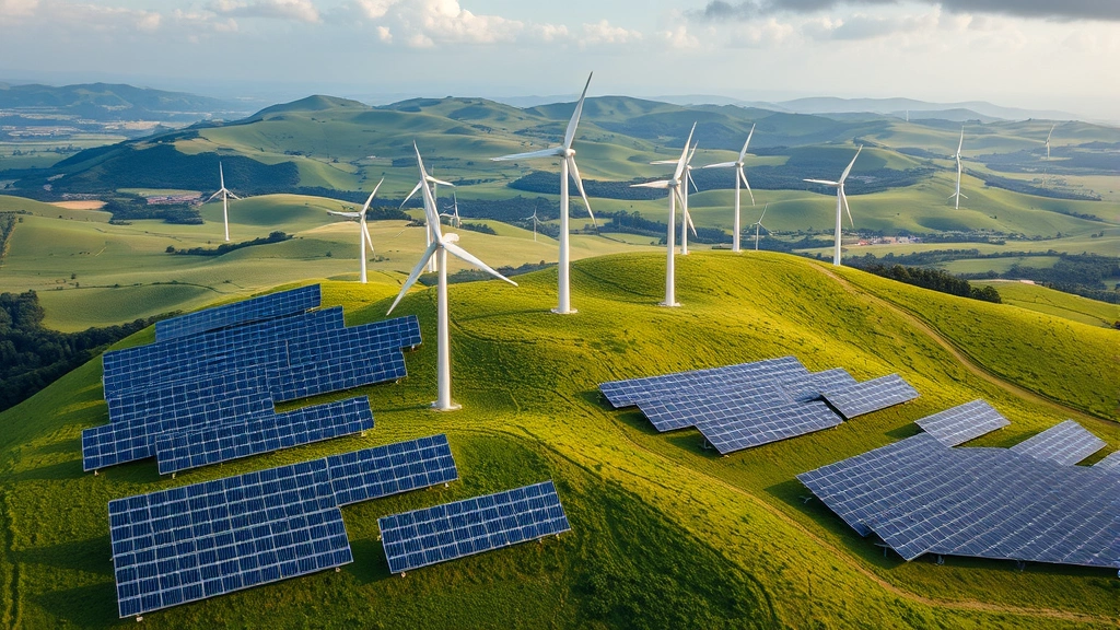 Aerial view of renewable energy wind turbines and solar panels on rolling green landscape, sustainable power generation infrastructure, environmental conservation